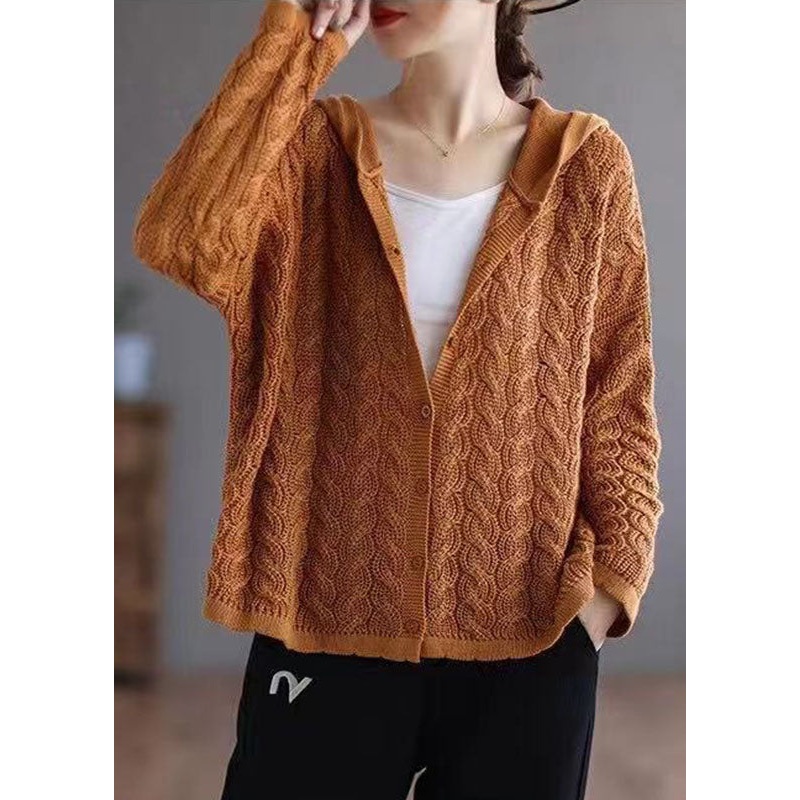 Organic Caramel Loose Hooded Casual Button Fall Knit Sweater