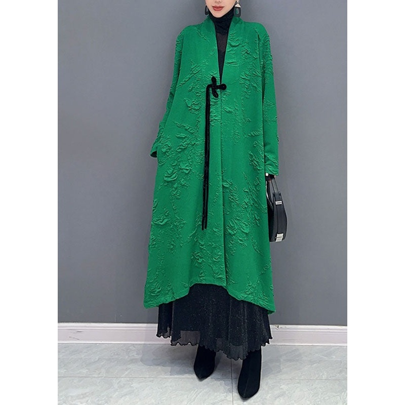 Organic Green V Neck Pockets Long Trench Coats Long Sleeve