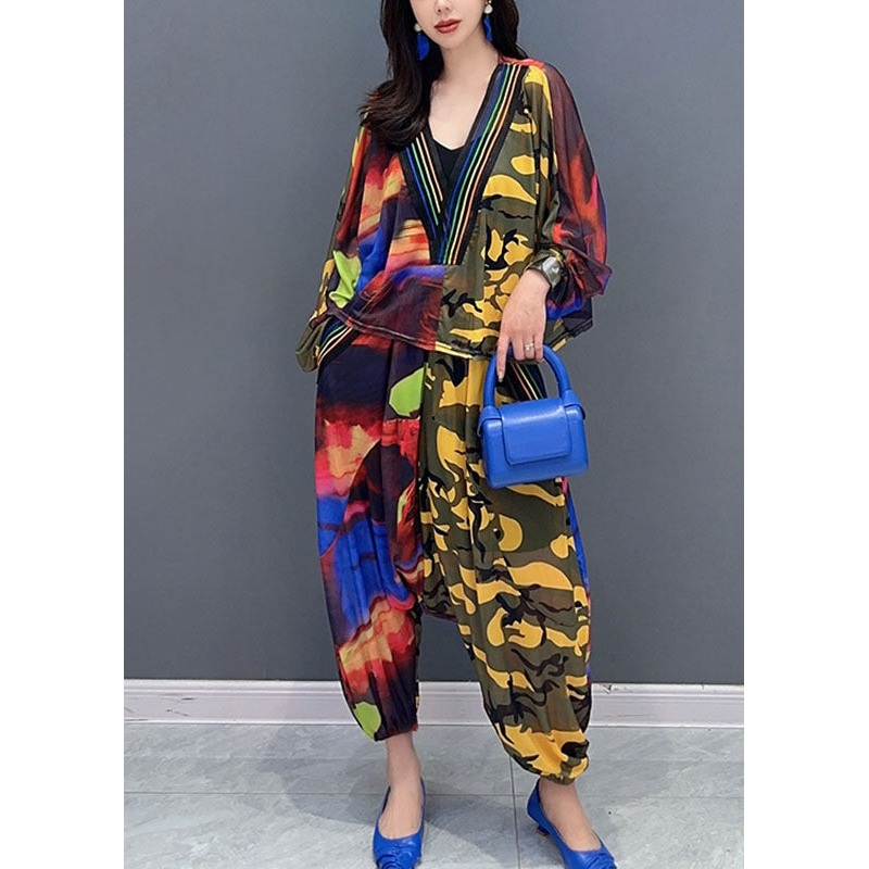 Organic Yellow Camouflage V Neck Asymmetrical Print Top And Harem Pants Two Piece Set Fall