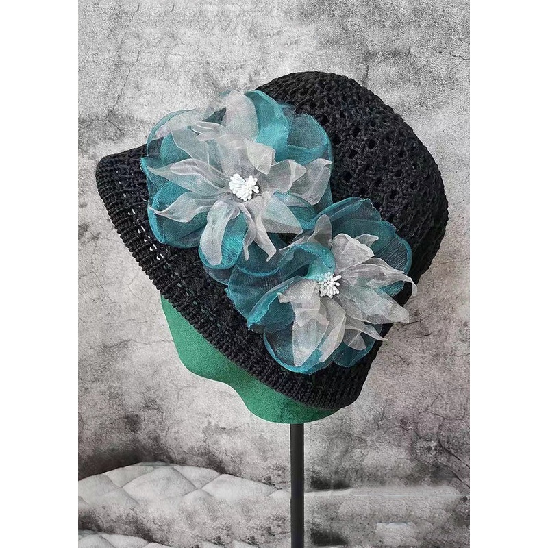 Original Design Black Blue Floral Hollow Out Bucket Hat