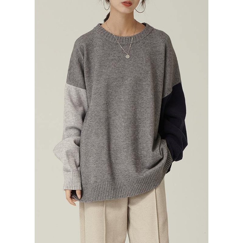 Oversized Gray Sweater Blouse O Neck Patchwork Fall Knitwear
