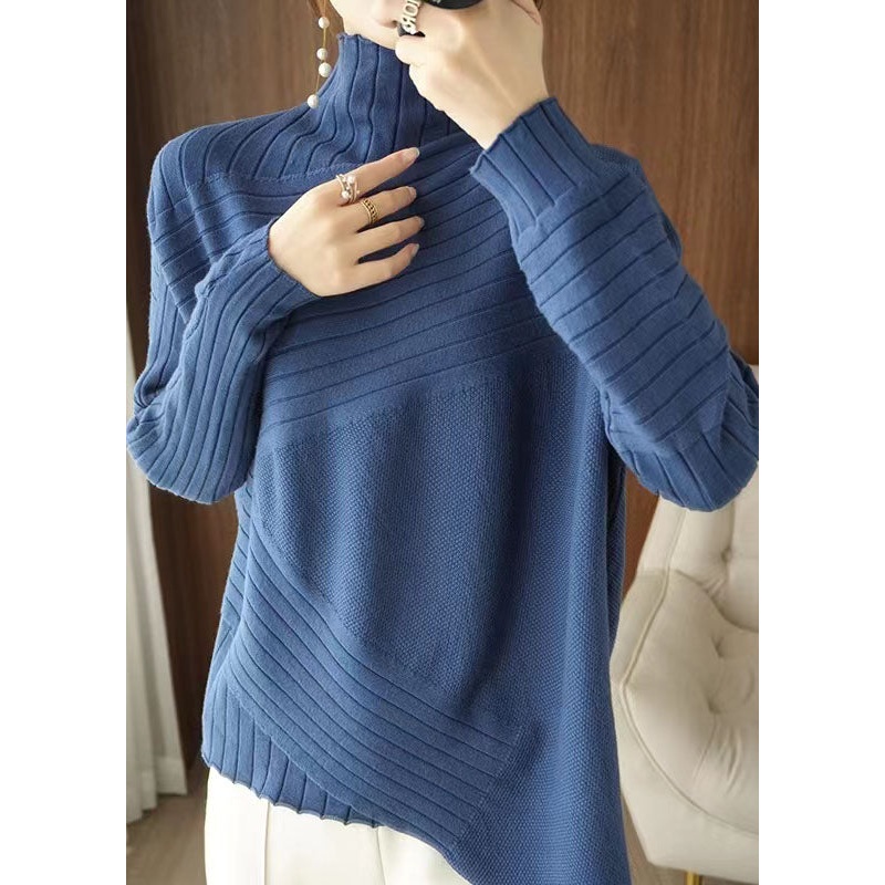 Plus Size Blue Asymmetrical Solid Knit Sweaters Spring