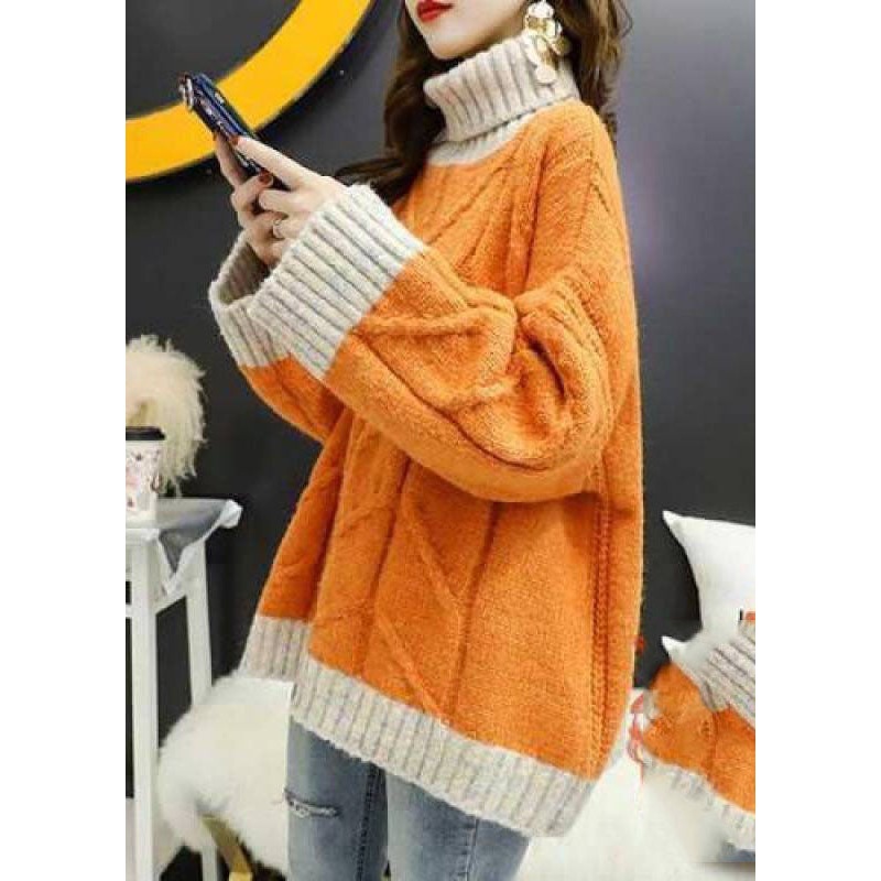 Plus Size Orange Turtle Neck Patchwork Knit Knitted Tops Winter