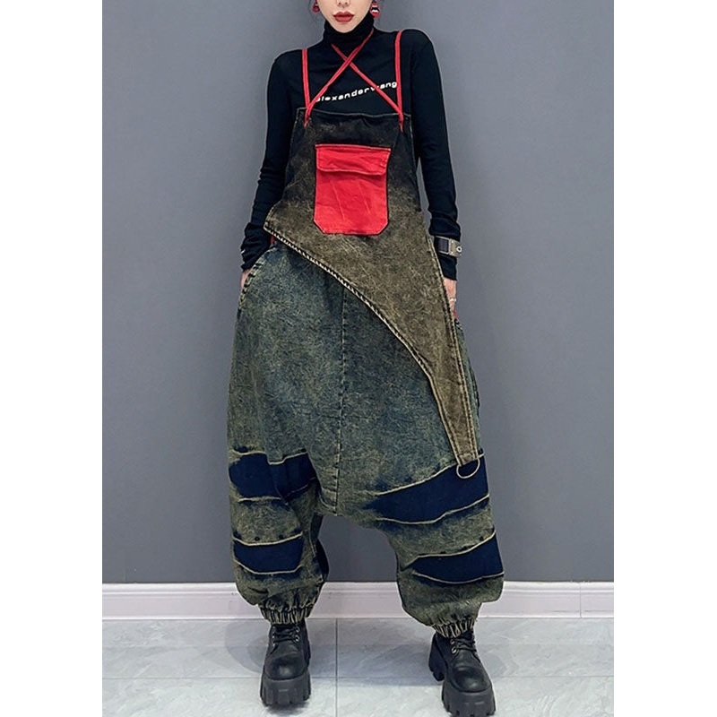 Retro Denim Blue Patchwork Lace Up Pockets Jumpsuits Fall