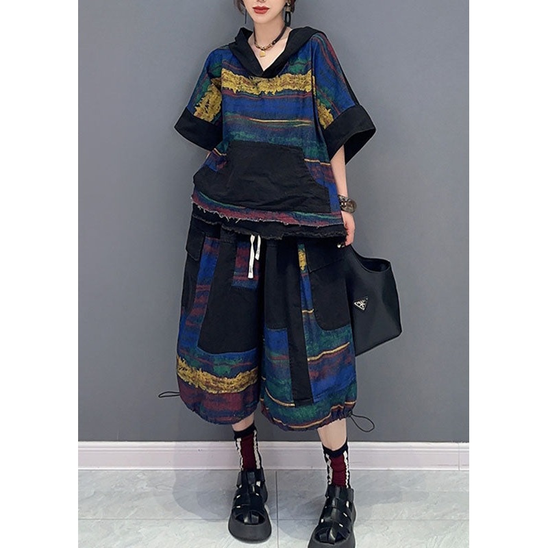 Retro V Neck Patchwork Hooded Top And Half Pants Two Pieces Set Short Sleeve