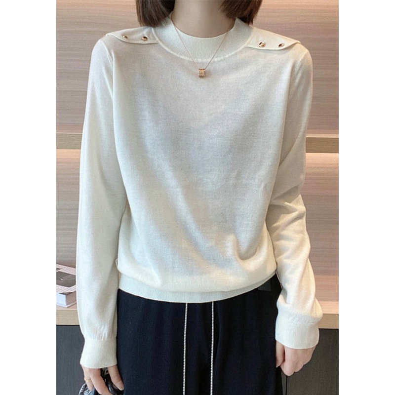 Simple Beige O Neck Patchwork Cozy Cotton Knit Tops Long Sleeve