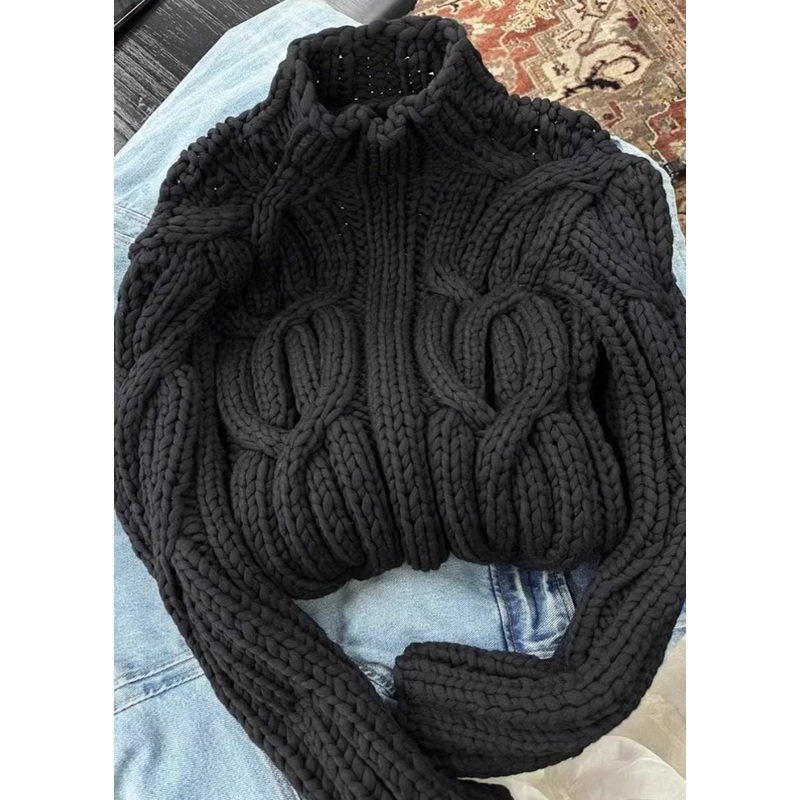 Simple Black Turtleneck Patchwork Cotton Cable Knit Sweaters Fall