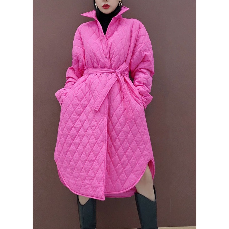 Style Pink Peter Pan Collar Pockets Tie Waist Parka Winter