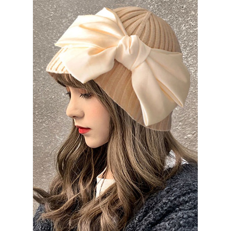 Stylish Beige Bow Patchwork Knit Bonnie Hat
