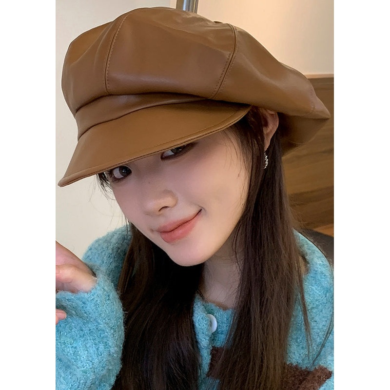 Stylish Coffee Patchwork Faux Leather Beret Hat