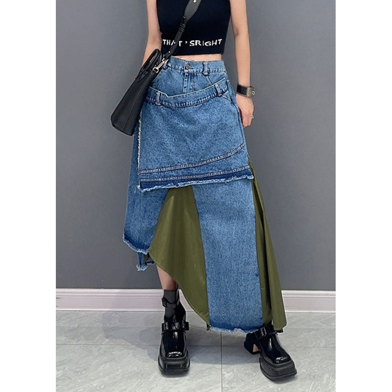 Stylish Green Patchwork High Waist Asymmetrical Denim Skirts Fall