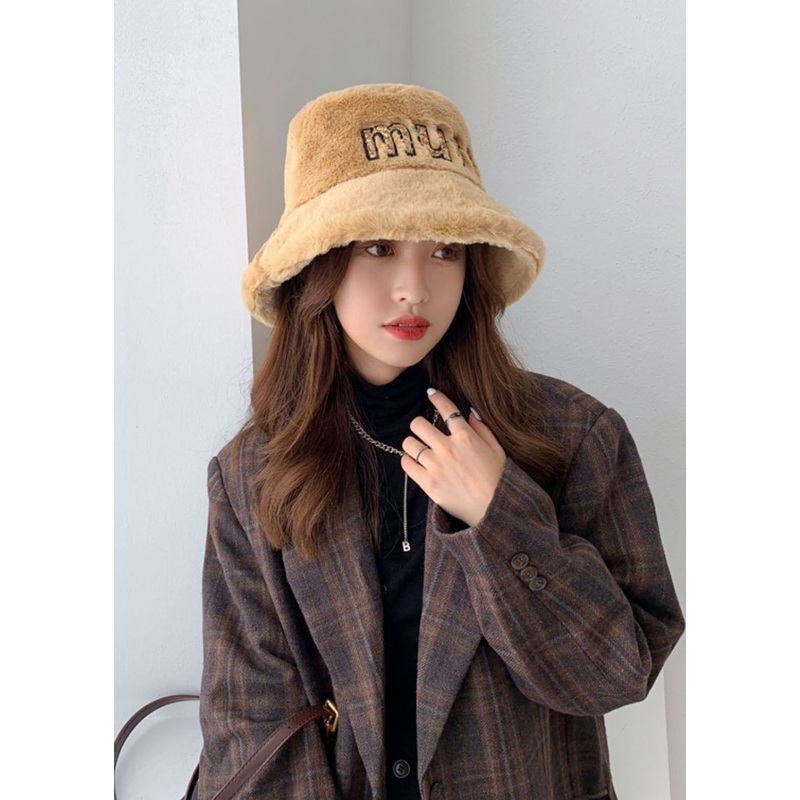 Stylish Khaki Fuzzy Fur Graphic Bucket Hat
