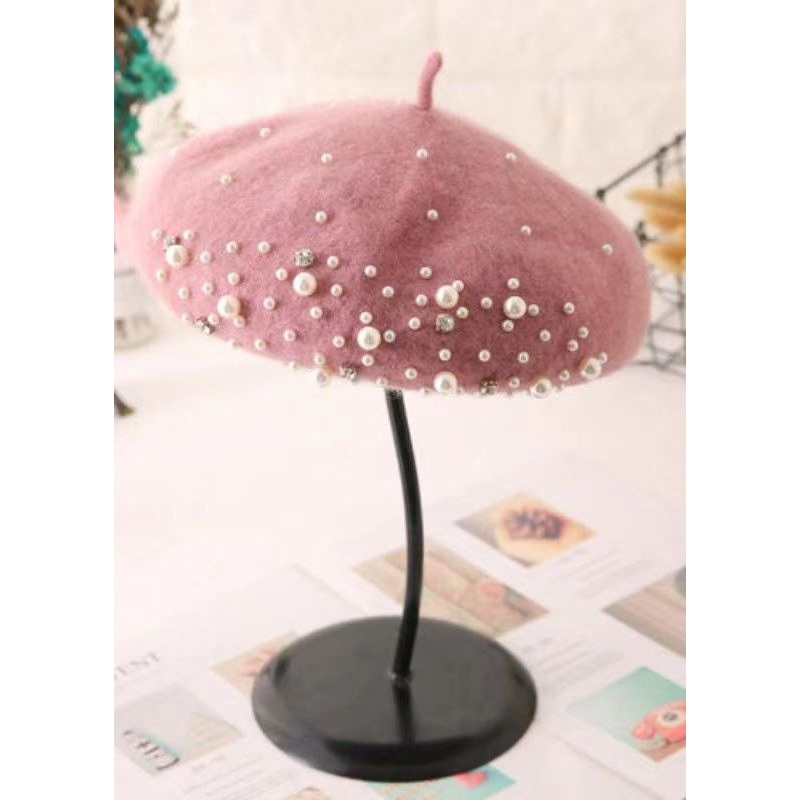 Stylish Versatile Pink Nail Bead Woolen Beret Hat