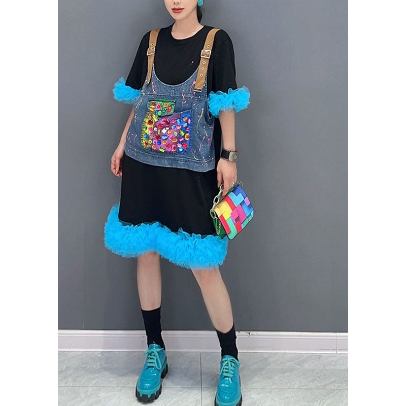 Unique Black Patchwork Blue O-Neck Tulle Mid Dresses Summer