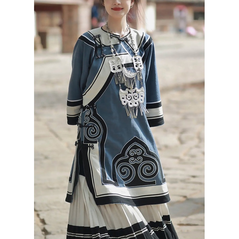Unique Blue Button Print Side Open Cotton Two Pieces Set Fall