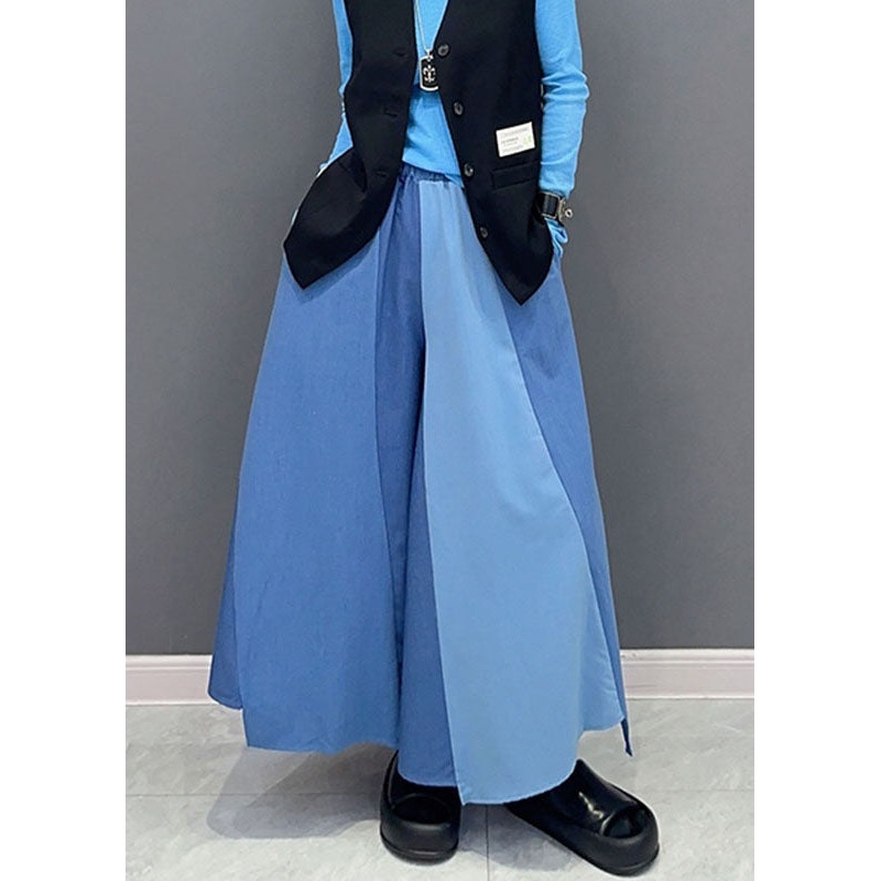 Unique Blue Pockets Patchwork Elastic Waist Wide Leg Pants Skirt Fall