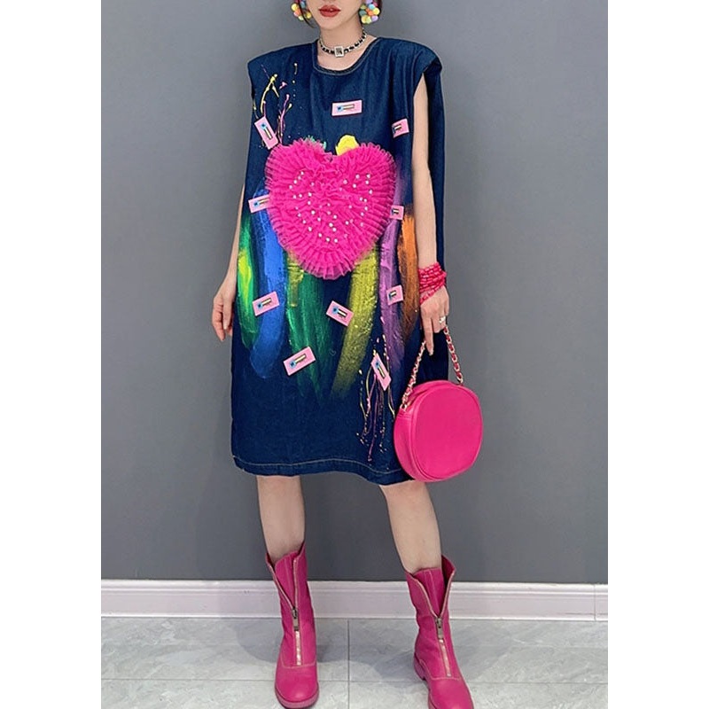 Unique Denim Blue Tulle Love Print Maxi Dress Summer