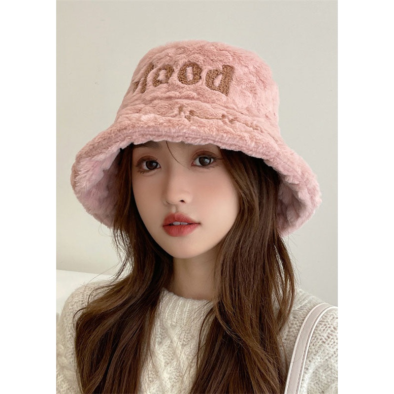 Unique Pink Fuzzy Fur Thick Graphic Bucket Hat