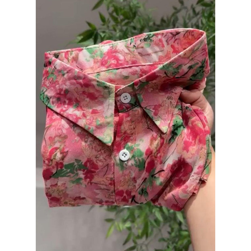 Unique Pink Peter Pan Collar Print Patchwork Cotton Blouses Fall
