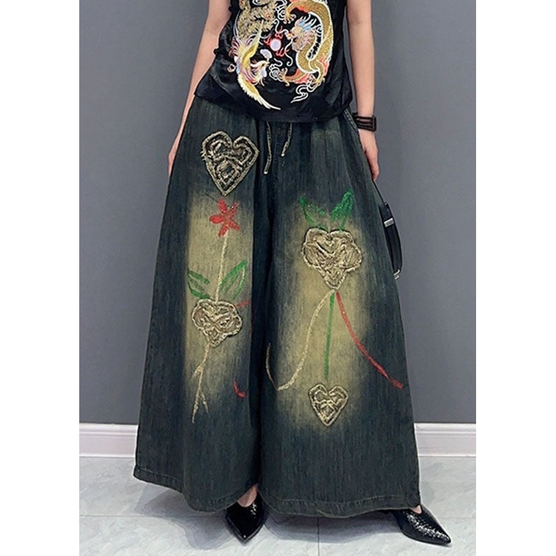 Vintage Floral Embroidered Pockets Wide Leg Jeans