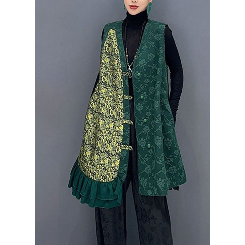 Vintage Green Asymmetrical Patchwork Button Waistcoat Fall