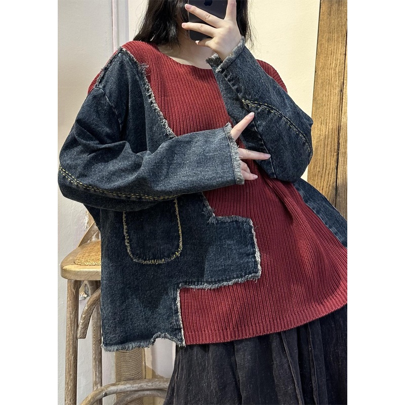 Vintage Red Asymmetrical Pockets Knit Patchwork Tops Fall