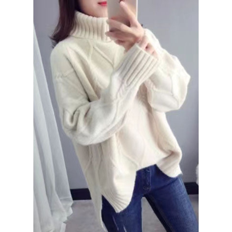 White Sweater Tops High Neck Loose Fitting Spring Knitwear
