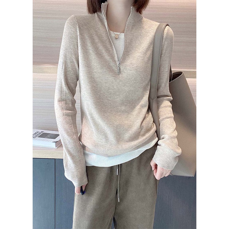Women Apricot Stand Collar Zip Up Patchwork Knit Top Fall