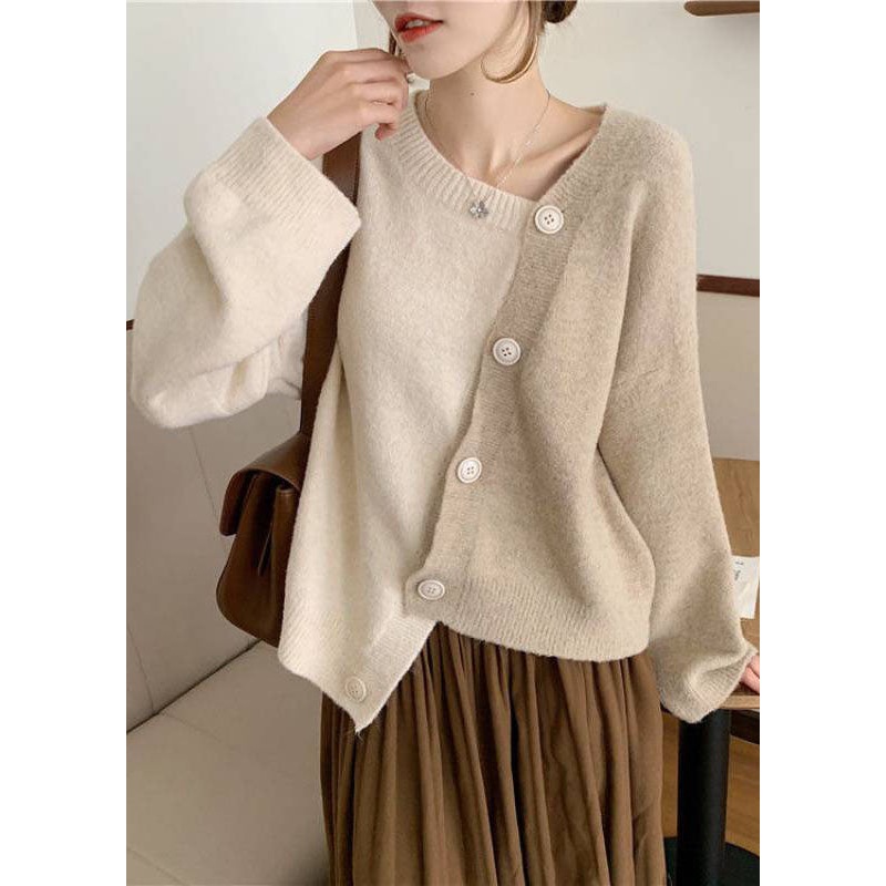 Women Beige Asymmetrical Button Knit Knit Winter sweaters