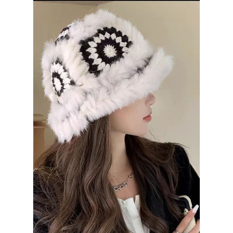 Women Black Fuzzy Fur Fluffy Knitted Tiger Head Cotton Bucket Hat