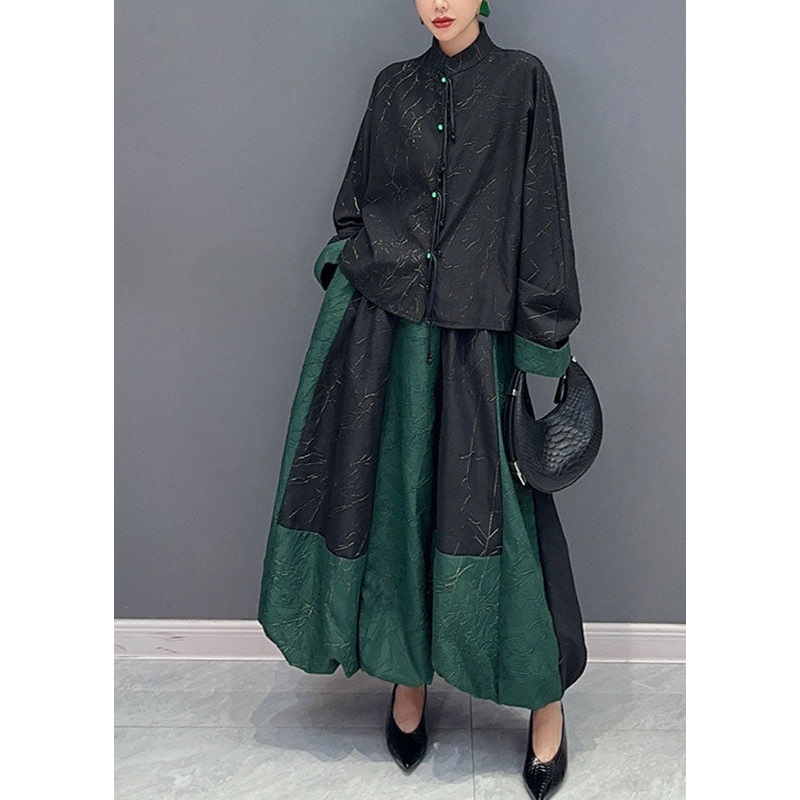 Women Black Patchwork Green Button Shirts And A Line Skirts Two Piece Set Fall