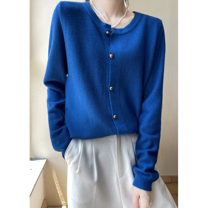 Women Blue O Neck Button Patchwork Cotton Knit Coats Fall