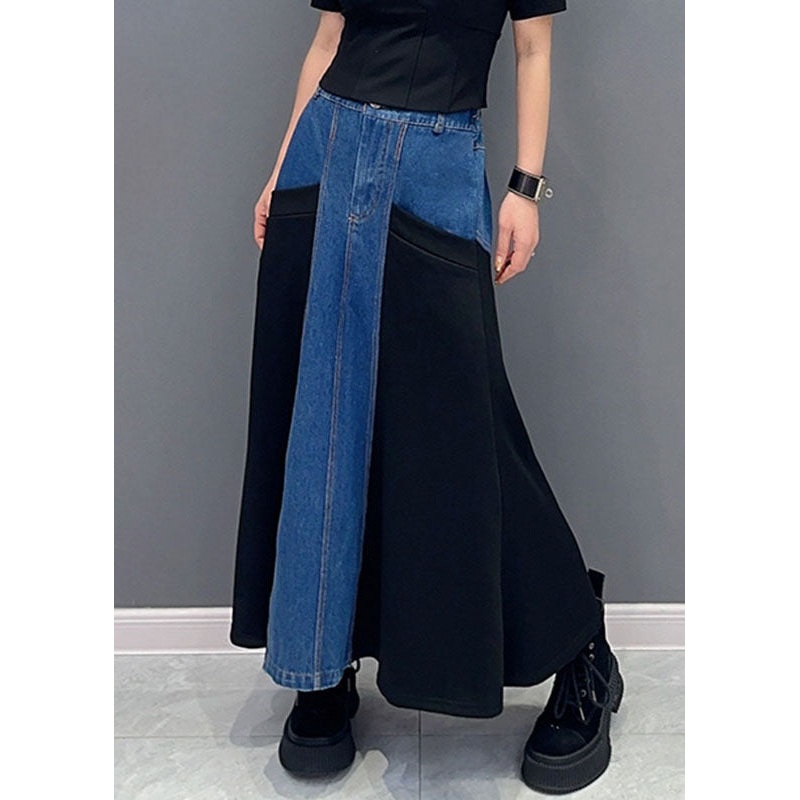 Women Blue Patchwork Black High Waist Denim Maxi Fish Tail Skirts