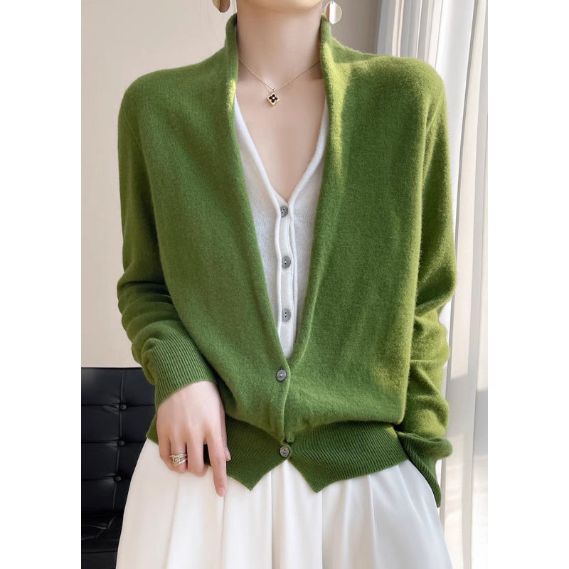 Women Green V Neck Button Patchwork Wool Knit Top Fall