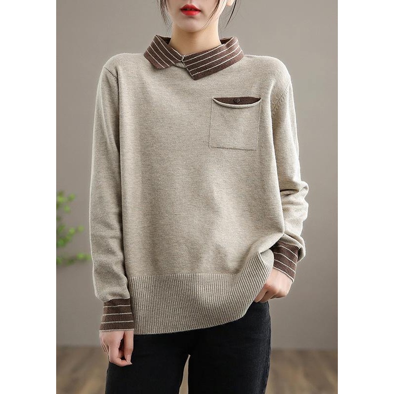 Women Nude Sweater Tops Lapel Patchwork Knit Top