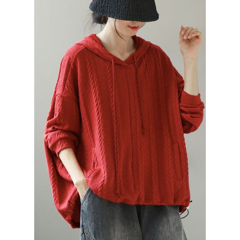 Women Orange Hooded Drawstring Knit Hooded Tops Winter