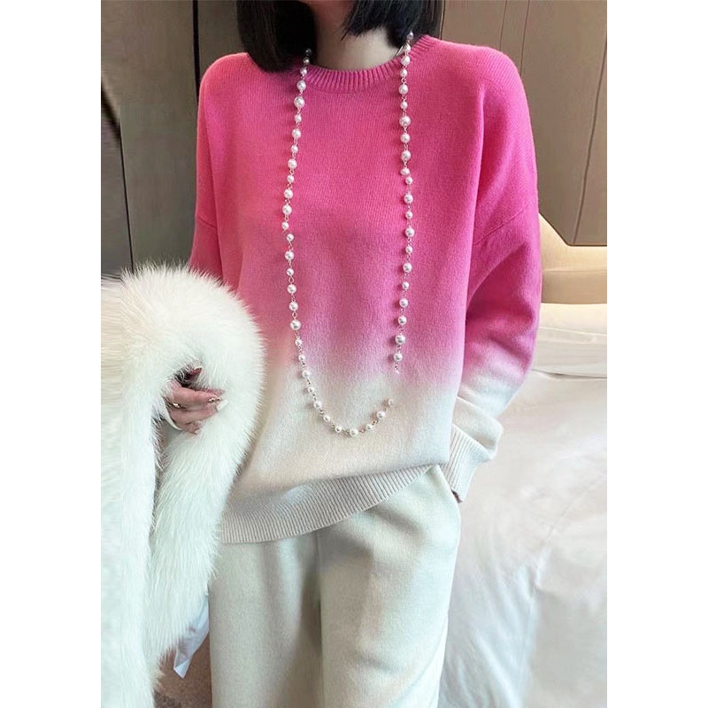Women Rose Gradient Color O-Neck Cozy Cashmere Knit Sweaters Fall