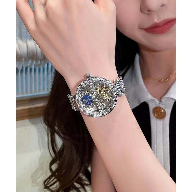 2024 White Stainless Steel Zircon Tempered Glass Watch