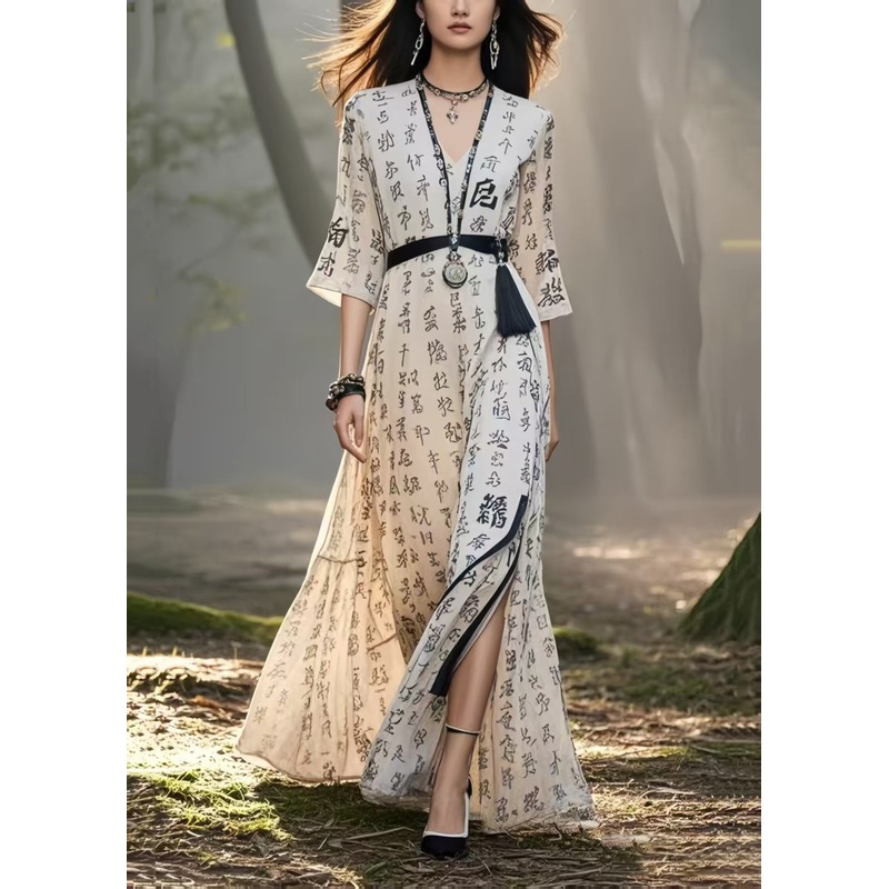 Art White Tasseled Print Chiffon Holiday Dresses Summer