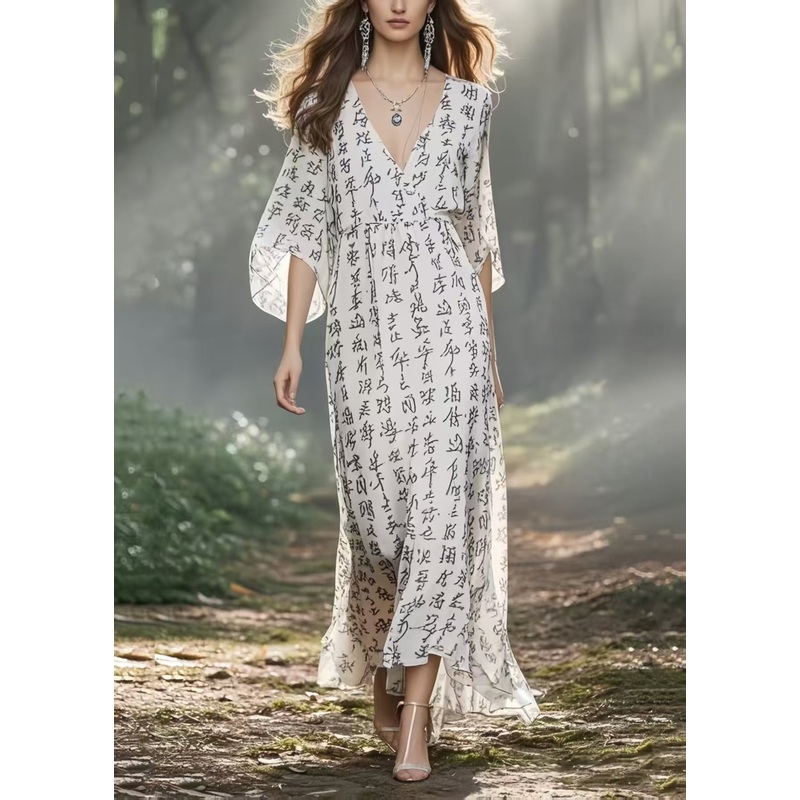Art White V Neck Print Chiffon Holiday Dresses Summer