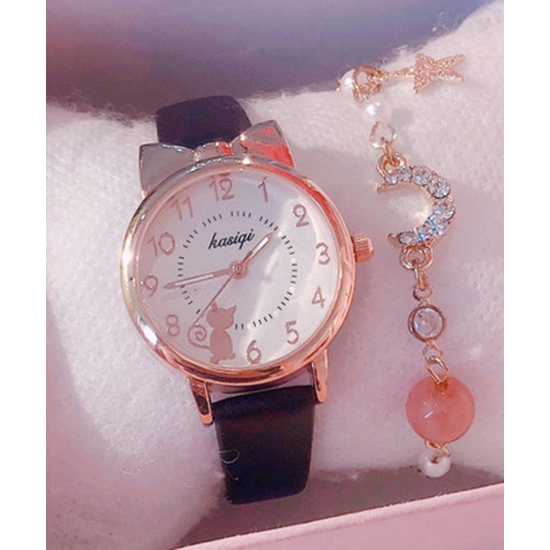 Beautiful Black Genuine Leather Little Cats Waterproof Watch