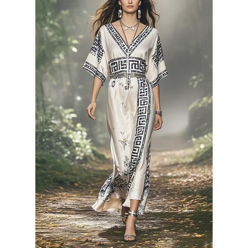 Beautiful White V Neck Print Silk Vacation Dresses Summer