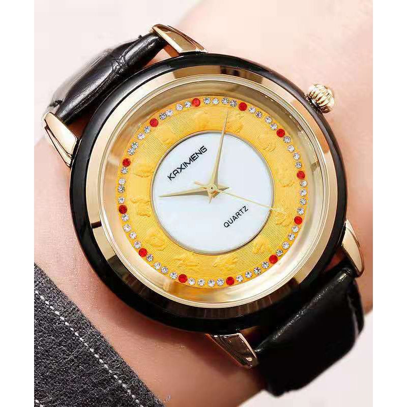 Bohemian Black Leather Alloy Zircon Inlaid Jade Tempered Glass Waterproof Watch