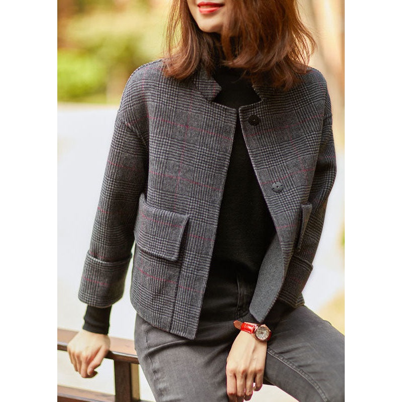 Boho Grey Plaid Retro Loose Pockets Button Fall Winter Coat