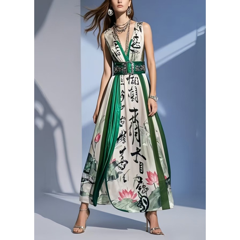 Boho White Print Draping Silk Tunic Dresses Sleeveless