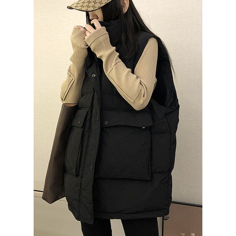 Boutique Black Loose Stand Collar Pockets Winter down vest