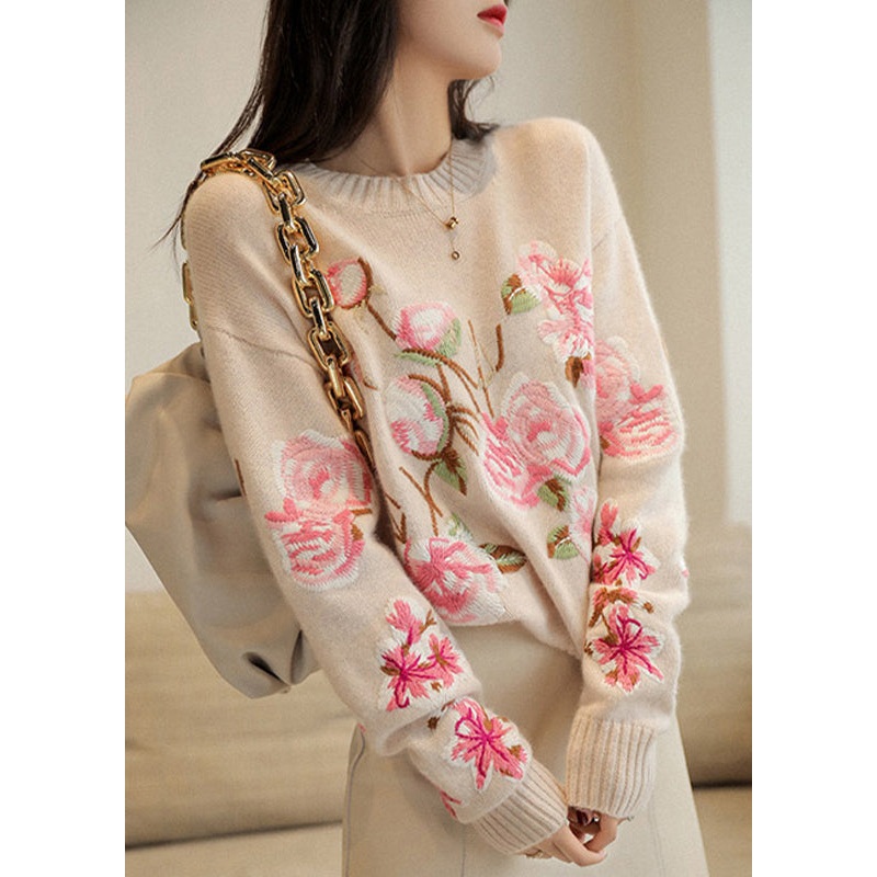 Chic Apricot O-Neck Embroideried Patchwork Woolen Top Fall