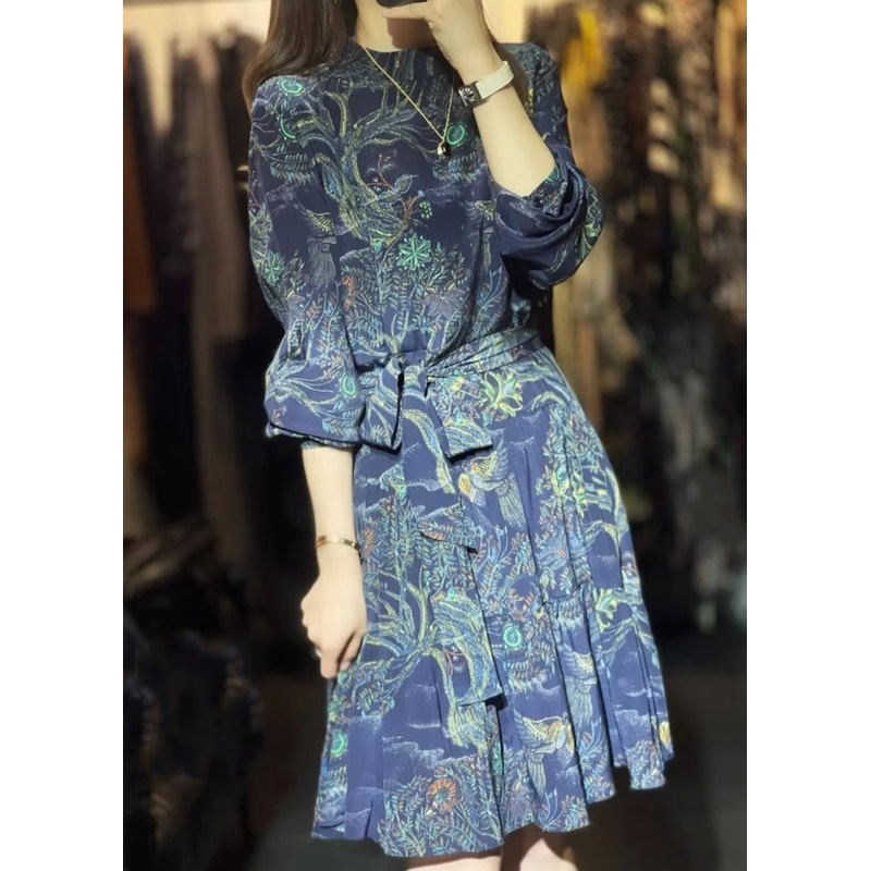 Chic Blue Print Tie Waist Patchwork Cotton Mid Dress Summer