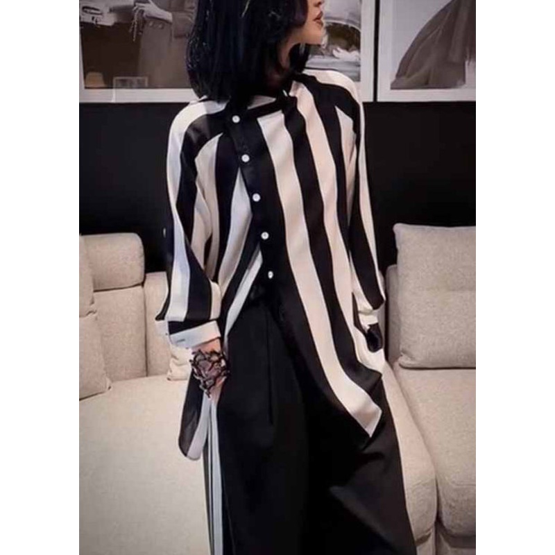 Chic Striped Asymmetrical Button Patchwork Cotton Blouses Fall