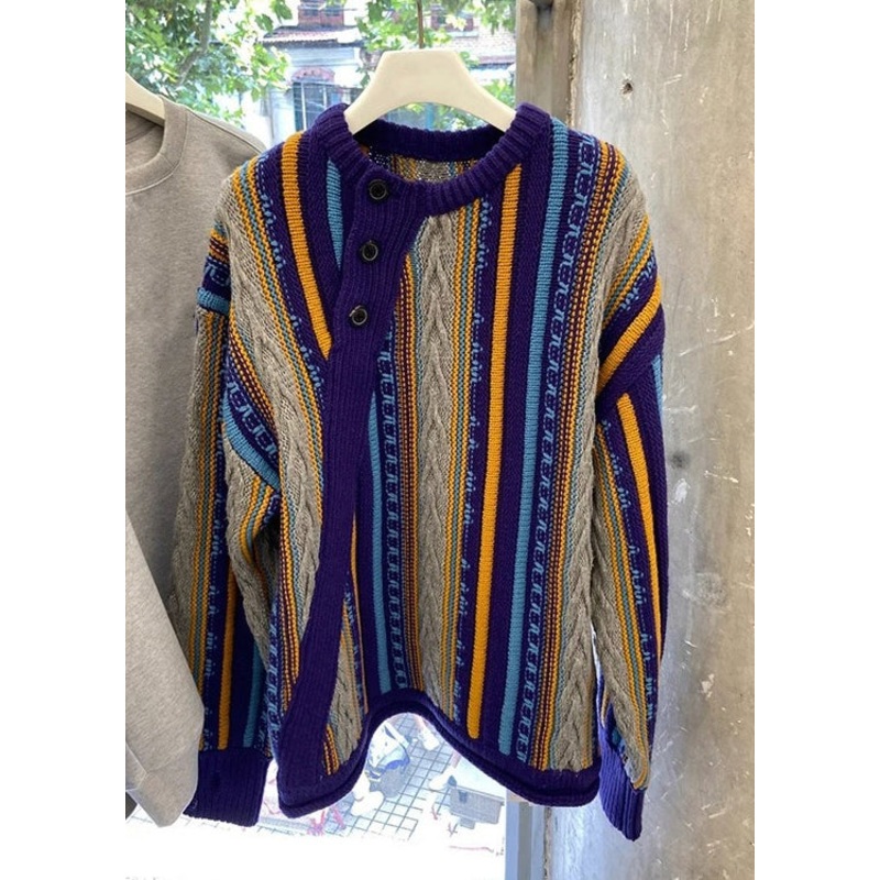 Chic Striped O Neck Patchwork Cozy Knit Sweaters Long Sleeve